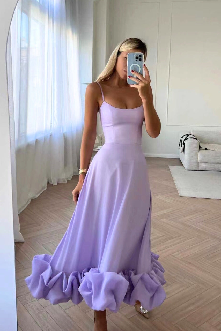 Women's Spaghetti Strap Maxi Dress with Flared Skirt and Ruffle Hem