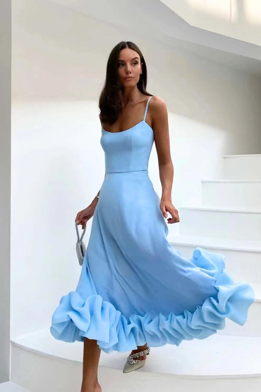 Women's Spaghetti Strap Maxi Dress with Flared Skirt and Ruffle Hem