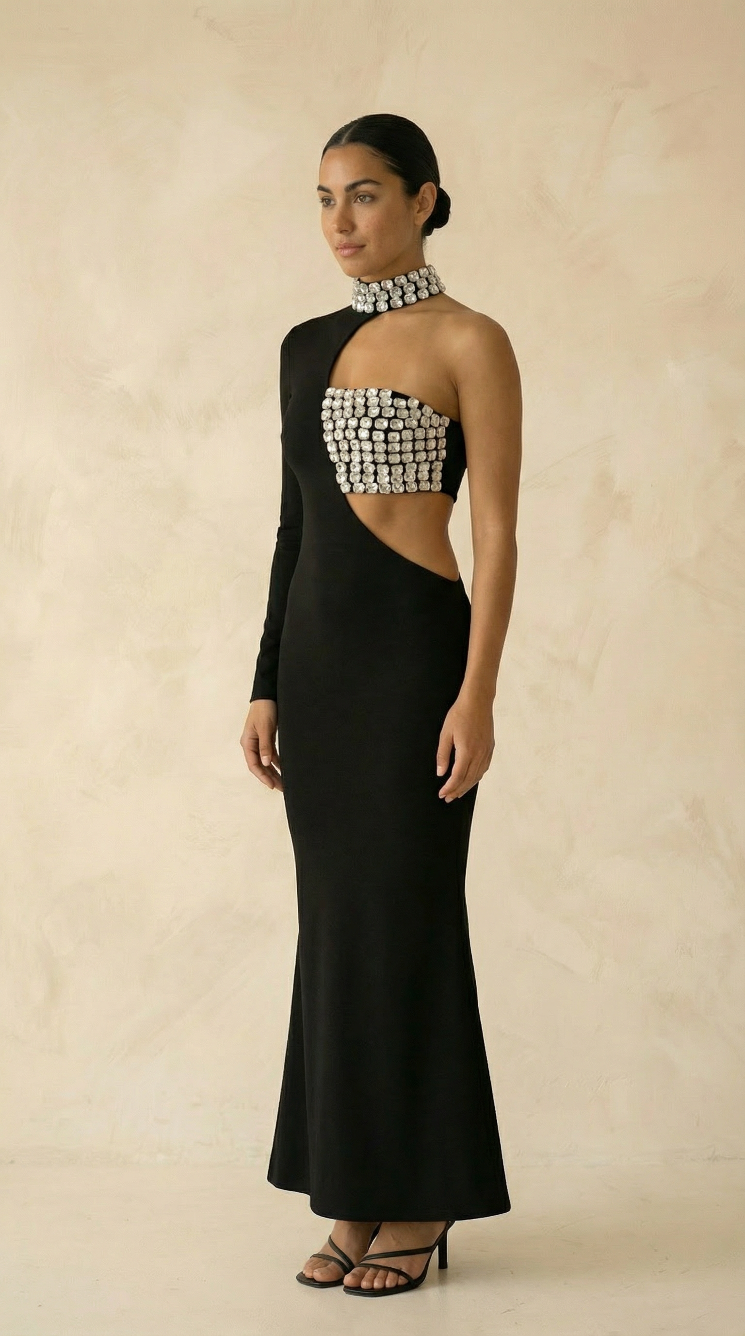 Alarice Crystal-Collar Cutout Mermaid Maxi Dress – Black