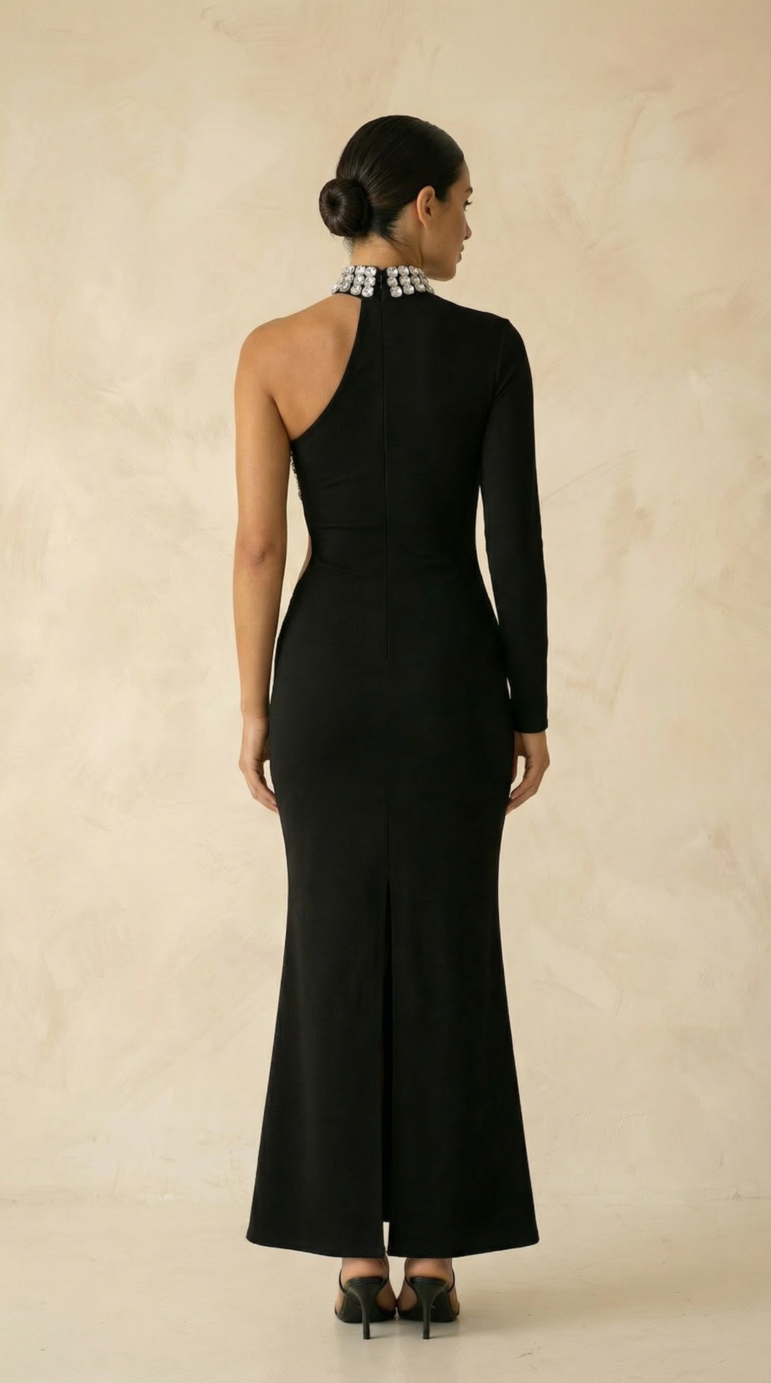Alarice Crystal-Collar Cutout Mermaid Maxi Dress – Black