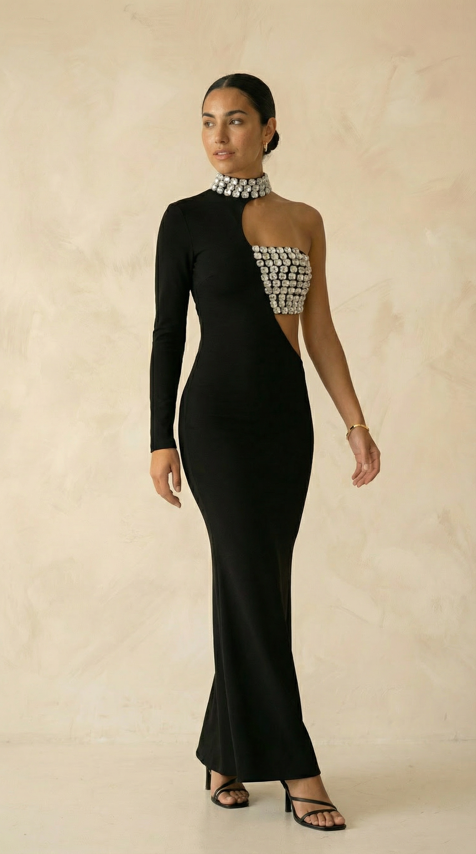 Alarice Crystal-Collar Cutout Mermaid Maxi Dress – Black