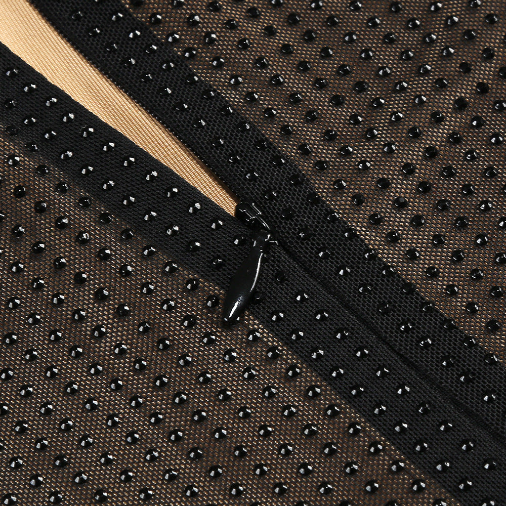 Luminara Crystal-Mesh Column Maxi Dress – Black