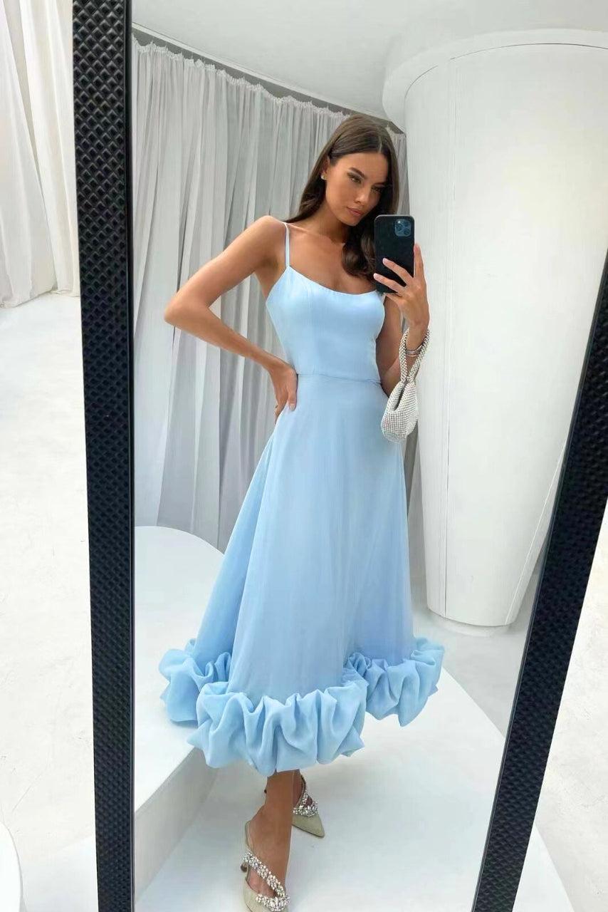 Women's Spaghetti Strap Maxi Dress with Flared Skirt and Ruffle Hem