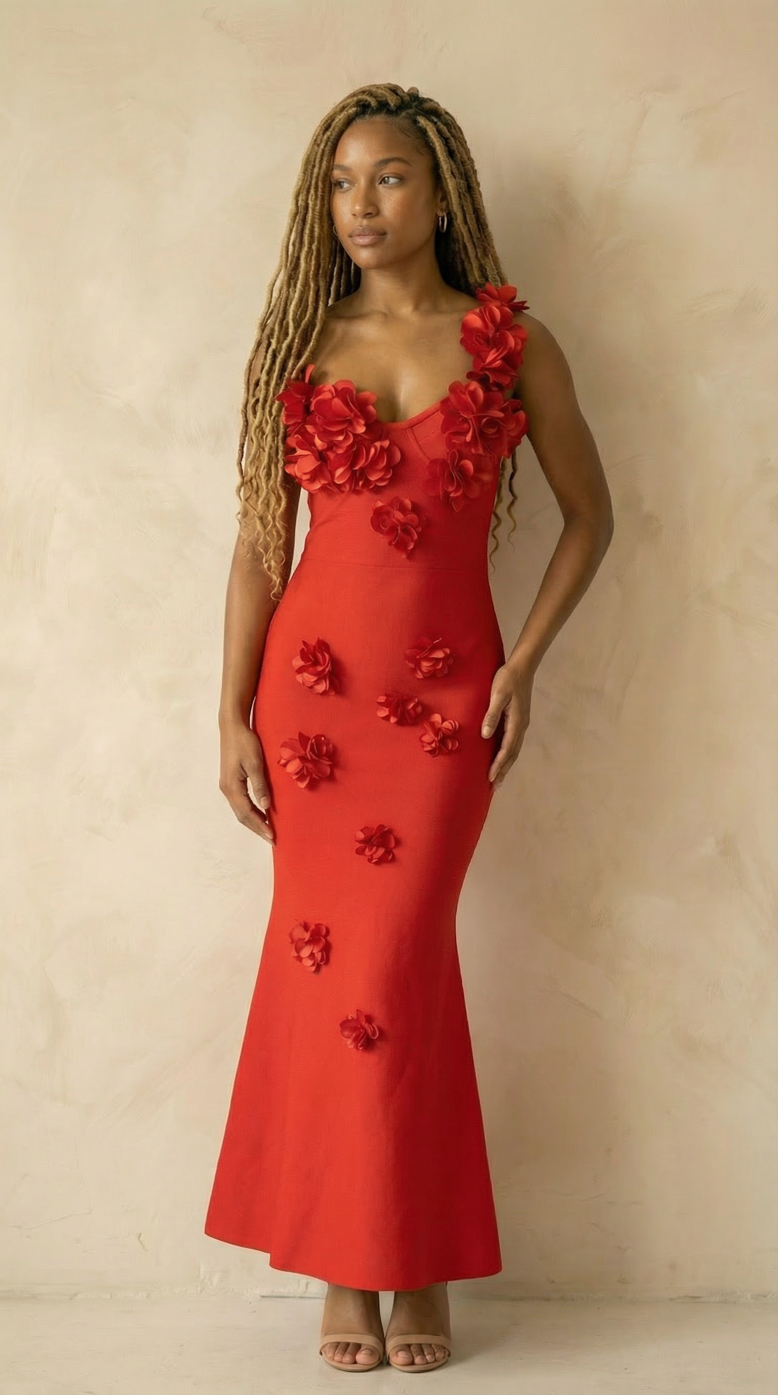 Scarlett Floral-Appliqué Mermaid Maxi Dress – Red